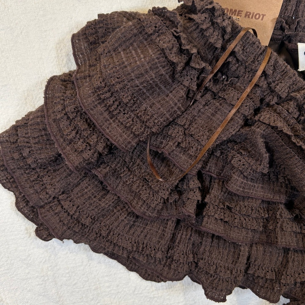 Chrome Riot Brown Ruffle Tiered Shorts Bloomer Cottagecore Coquette DR6540 Small
